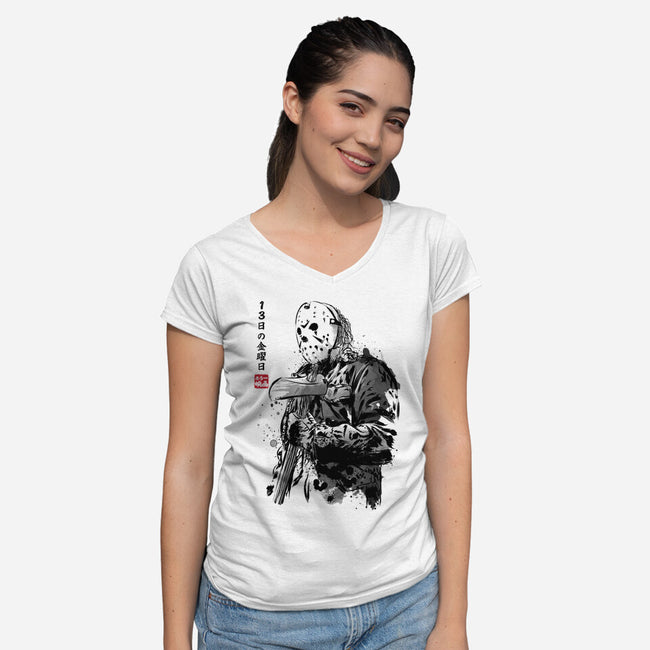 Crystal Lake Killer Sumi-e-Womens-V-Neck-Tee-DrMonekers