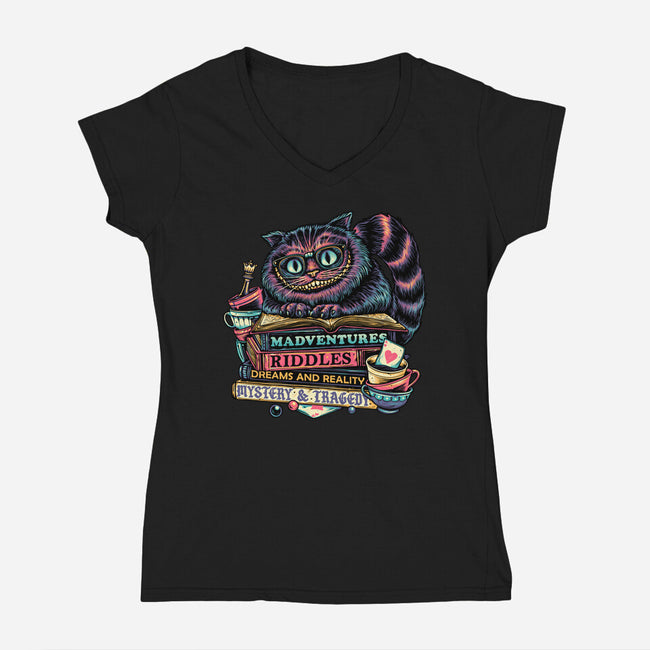 Bookish Cat-Womens-V-Neck-Tee-glitchygorilla