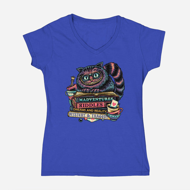 Bookish Cat-Womens-V-Neck-Tee-glitchygorilla