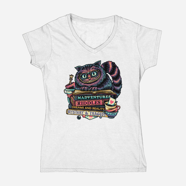 Bookish Cat-Womens-V-Neck-Tee-glitchygorilla