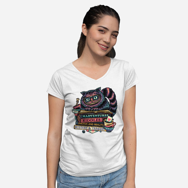 Bookish Cat-Womens-V-Neck-Tee-glitchygorilla