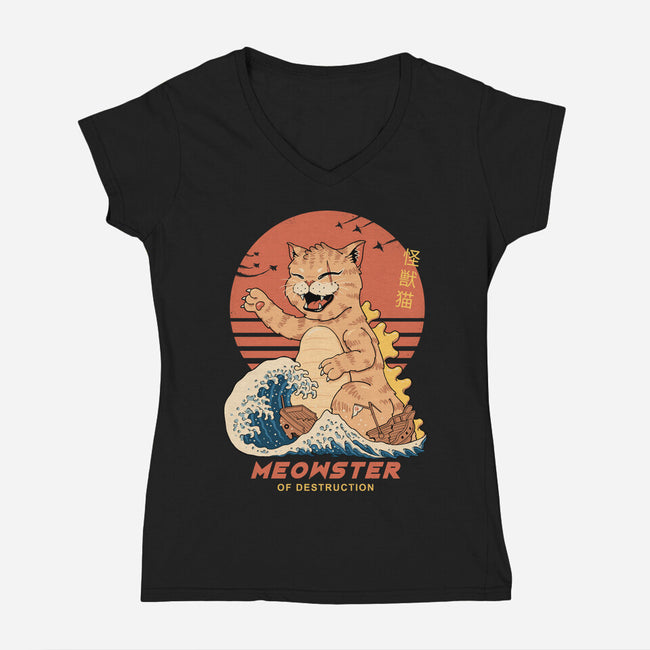 Kaiju Meowster-Womens-V-Neck-Tee-vp021