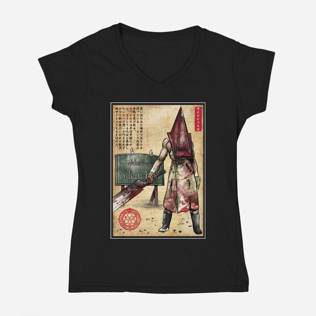 Pyramid Head Woodblock-Womens-V-Neck-Tee-DrMonekers