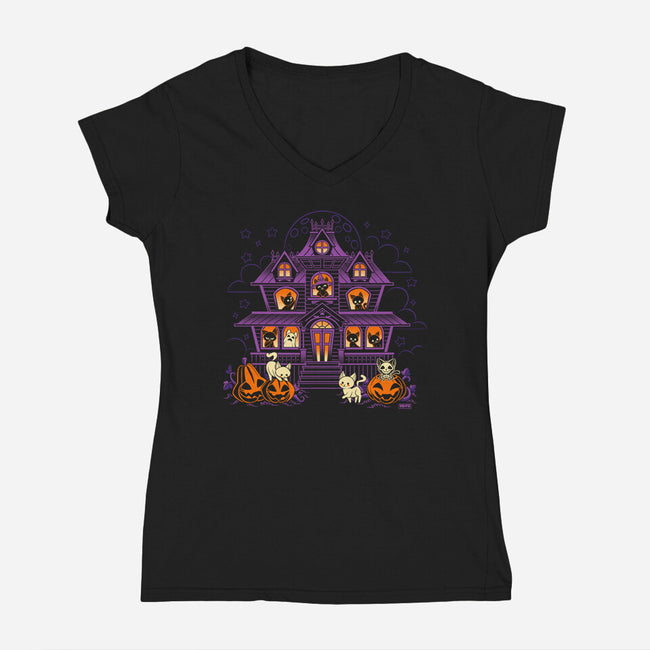 Pumpkin Haunted House-Womens-V-Neck-Tee-worlddominationforcats