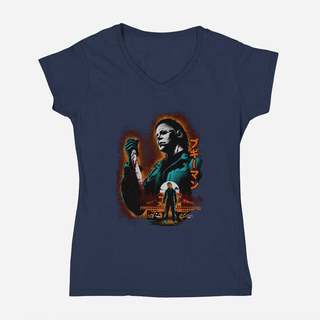 Attack Of Myers-Womens-V-Neck-Tee-hypertwenty