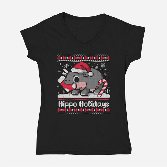 Hippo Holidays-Womens-V-Neck-Tee-NemiMakeit