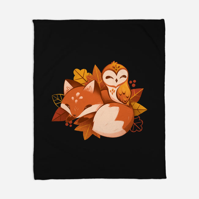 Fox And Owl Autumn-None-Fleece-Blanket-ricolaa