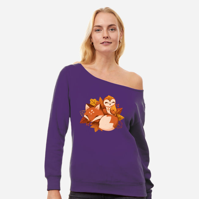 Fox And Owl Autumn-Womens-Off Shoulder-Sweatshirt-ricolaa