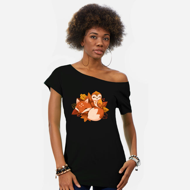 Fox And Owl Autumn-Womens-Off Shoulder-Tee-ricolaa