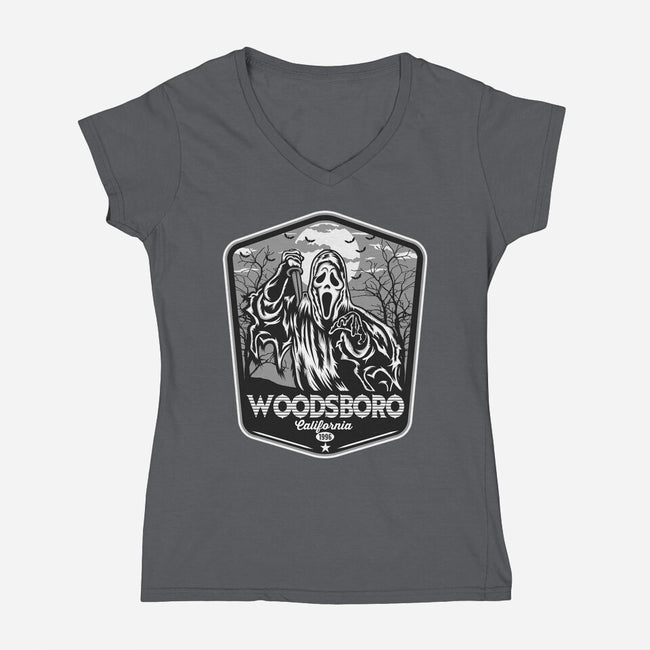 Woodsboro Badge-Womens-V-Neck-Tee-CarloJ1956