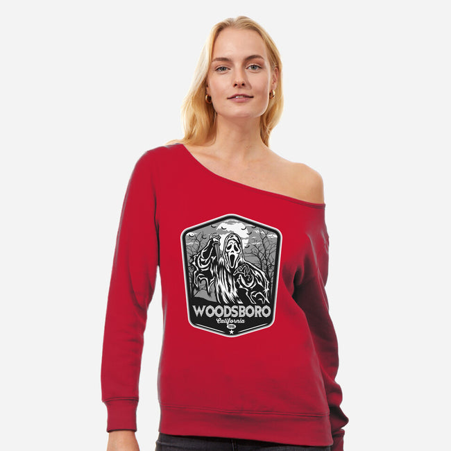 Woodsboro Badge-Womens-Off Shoulder-Sweatshirt-CarloJ1956