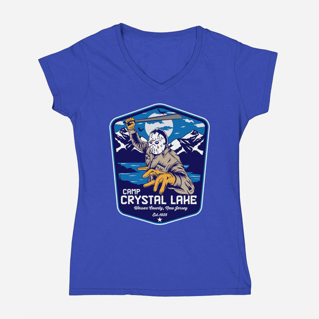 Camp Crystal Lake Badge-Womens-V-Neck-Tee-CarloJ1956