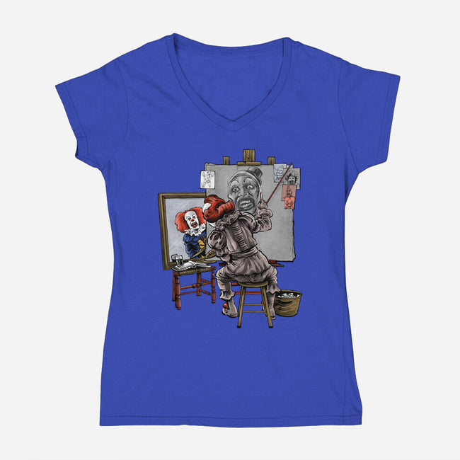 Triple Clown Portrait-Womens-V-Neck-Tee-zascanauta