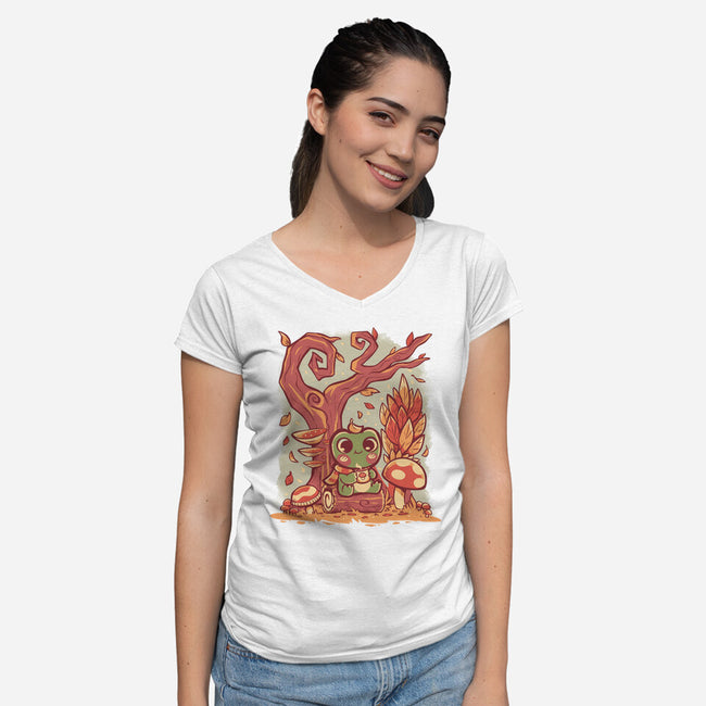 Cozy Autumn Days Frog-Womens-V-Neck-Tee-TechraNova