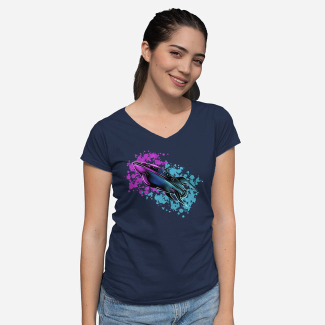 Neon Spaceship-Womens-V-Neck-Tee-nickzzarto