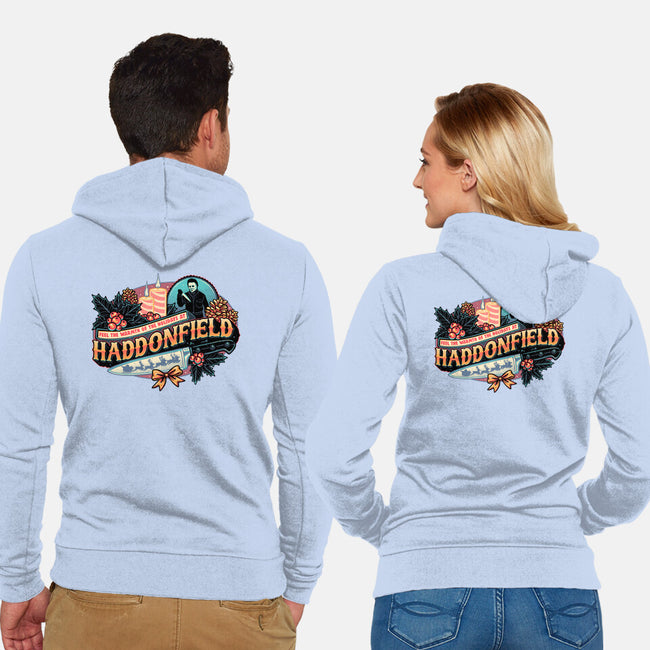 Haddonfield Holidays-Unisex-Zip-Up-Sweatshirt-glitchygorilla