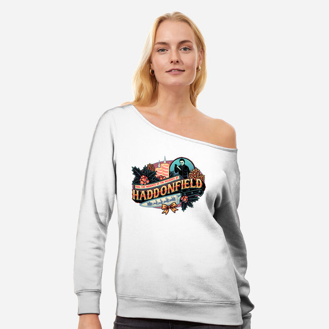 Haddonfield Holidays-Womens-Off Shoulder-Sweatshirt-glitchygorilla