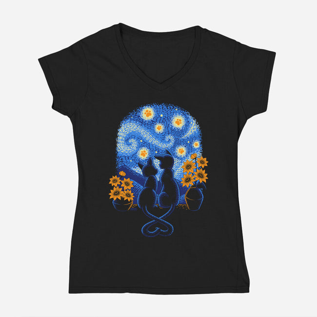 Starry Night Cat Lovers-Womens-V-Neck-Tee-worlddominationforcats