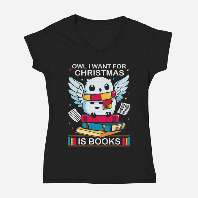 Owl I Want For Christmas Is Books-Womens-V-Neck-Tee-Vallina84