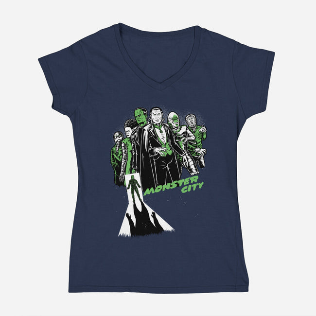 Monster City-Womens-V-Neck-Tee-Studio Mootant