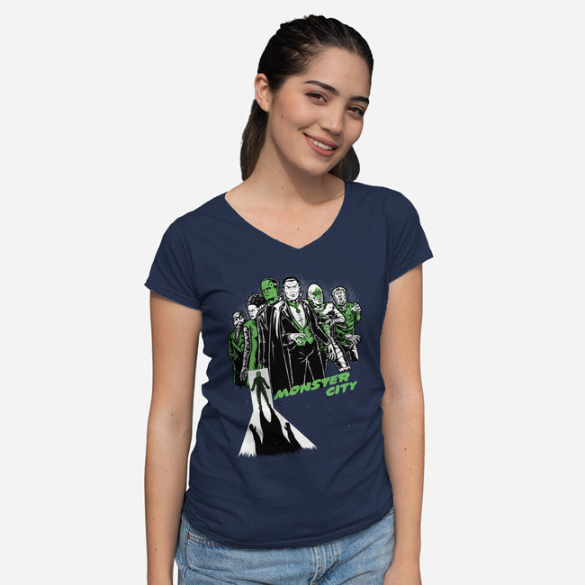 Monster City-Womens-V-Neck-Tee-Studio Mootant