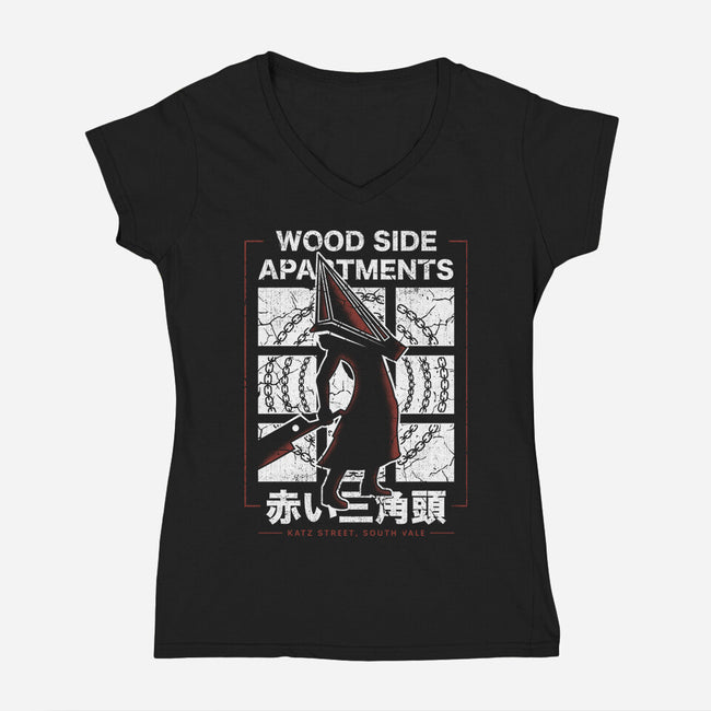 Wood Side Apartments Monster-Womens-V-Neck-Tee-LAGELANTEE