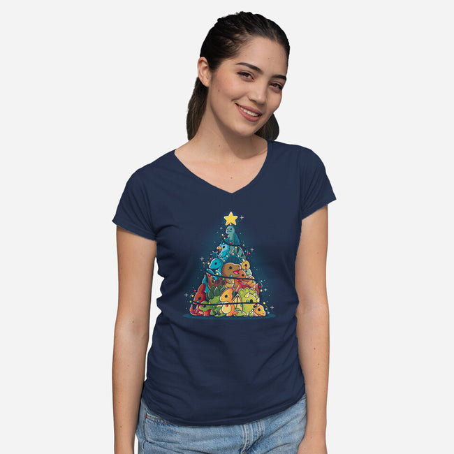 Christmas Tree Dinosaurs-Womens-V-Neck-Tee-Vallina84