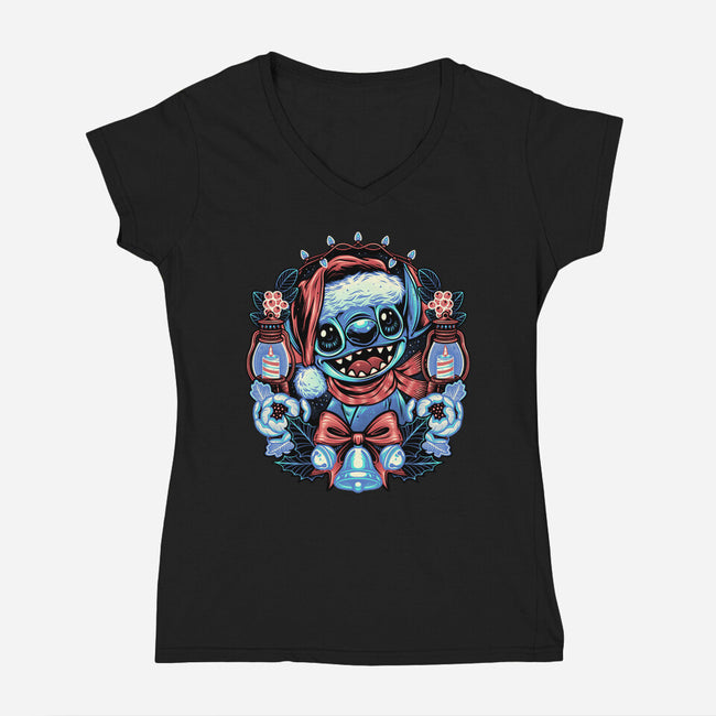 Christmas Alien-Womens-V-Neck-Tee-glitchygorilla