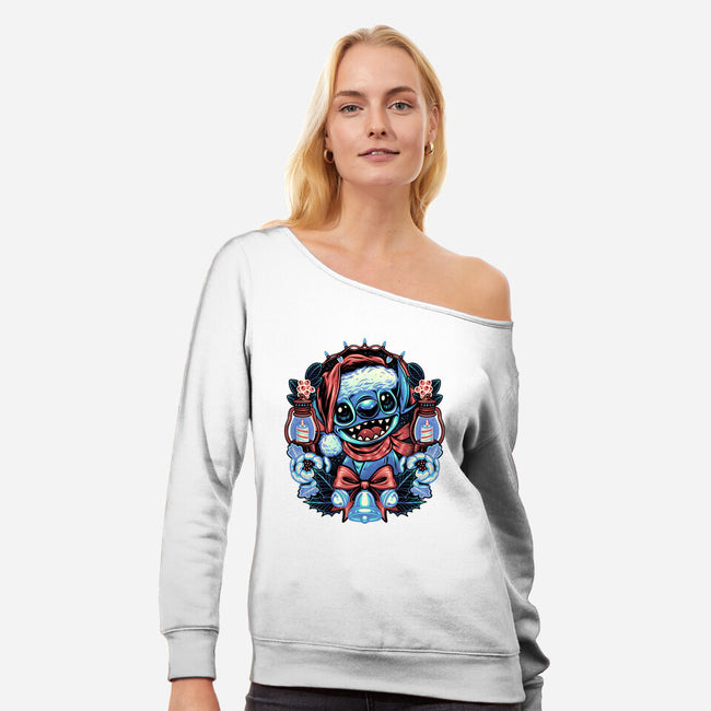 Christmas Alien-Womens-Off Shoulder-Sweatshirt-glitchygorilla