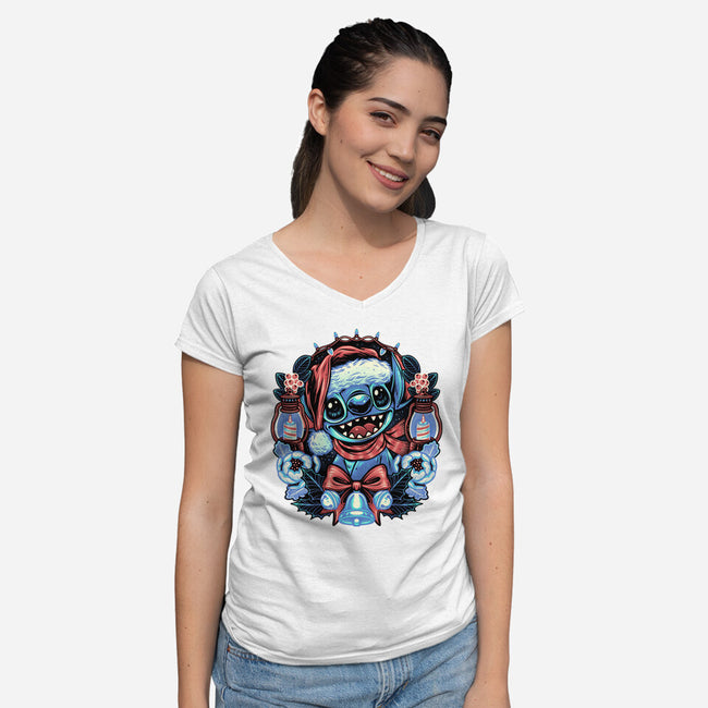 Christmas Alien-Womens-V-Neck-Tee-glitchygorilla