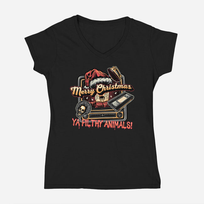 Christmas Animals-Womens-V-Neck-Tee-glitchygorilla