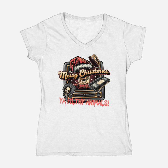 Christmas Animals-Womens-V-Neck-Tee-glitchygorilla