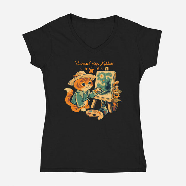 Impressionist Cat Sunflowers-Womens-V-Neck-Tee-worlddominationforcats