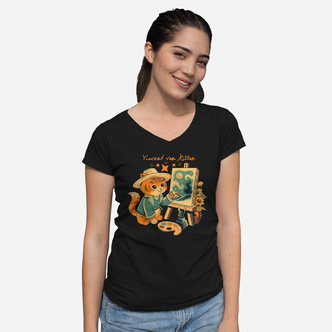 Impressionist Cat Sunflowers-Womens-V-Neck-Tee-worlddominationforcats