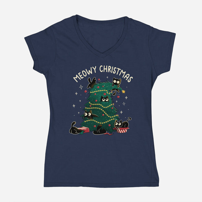 Meowy Christmas Funny Cats-Womens-V-Neck-Tee-tobefonseca