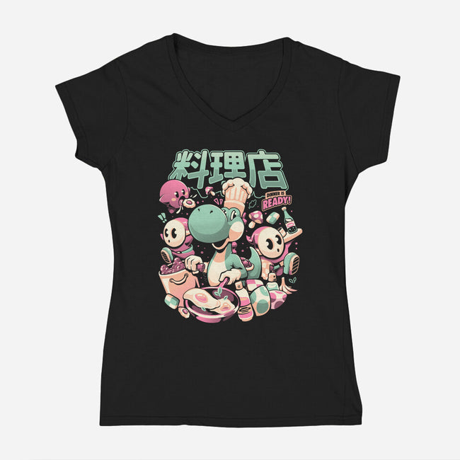 Dino Diner-Womens-V-Neck-Tee-eduely