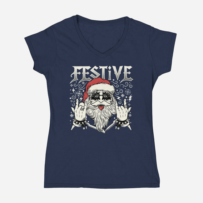 Festive Rock And Roll Santa-Womens-V-Neck-Tee-tobefonseca