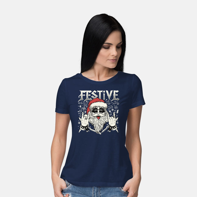 Festive Rock And Roll Santa-Womens-Basic-Tee-tobefonseca