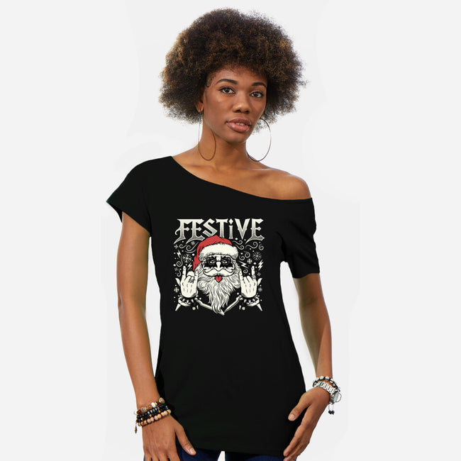 Festive Rock And Roll Santa-Womens-Off Shoulder-Tee-tobefonseca