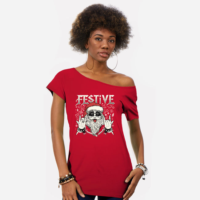 Festive Rock And Roll Santa-Womens-Off Shoulder-Tee-tobefonseca