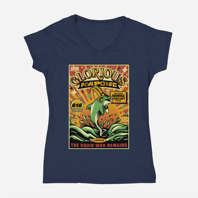 Glorious Porpoise Comics Heroes-Womens-V-Neck-Tee-tobefonseca