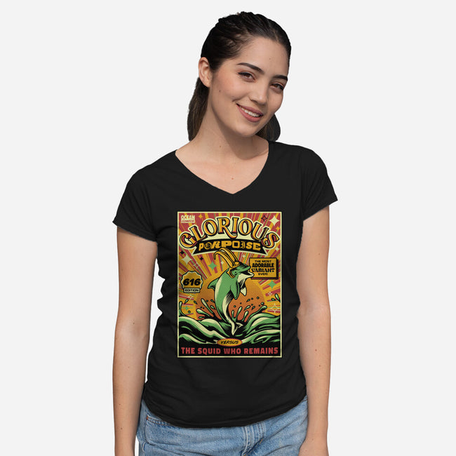 Glorious Porpoise Comics Heroes-Womens-V-Neck-Tee-tobefonseca