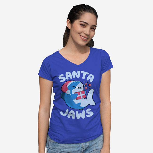 Santa Jaws Xmas Shark-Womens-V-Neck-Tee-tobefonseca