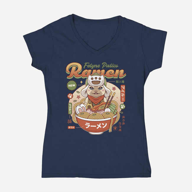 Felyne Palico Ramen-Womens-V-Neck-Tee-LAGELANTEE