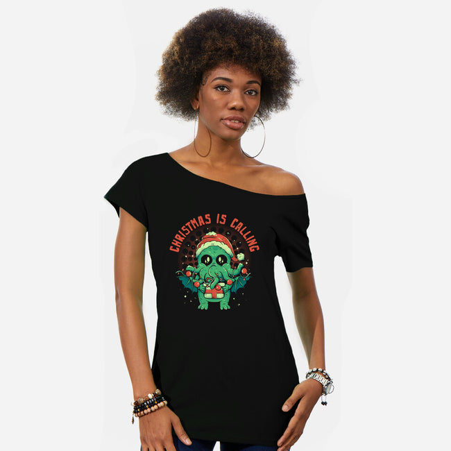 Christmas Is Calling-Womens-Off Shoulder-Tee-eduely