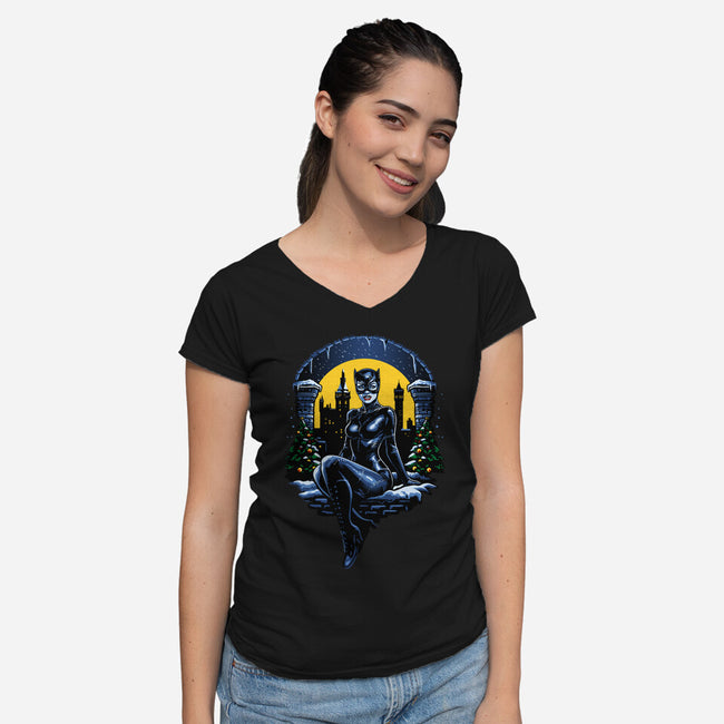 Christmas Kitty-Womens-V-Neck-Tee-daobiwan