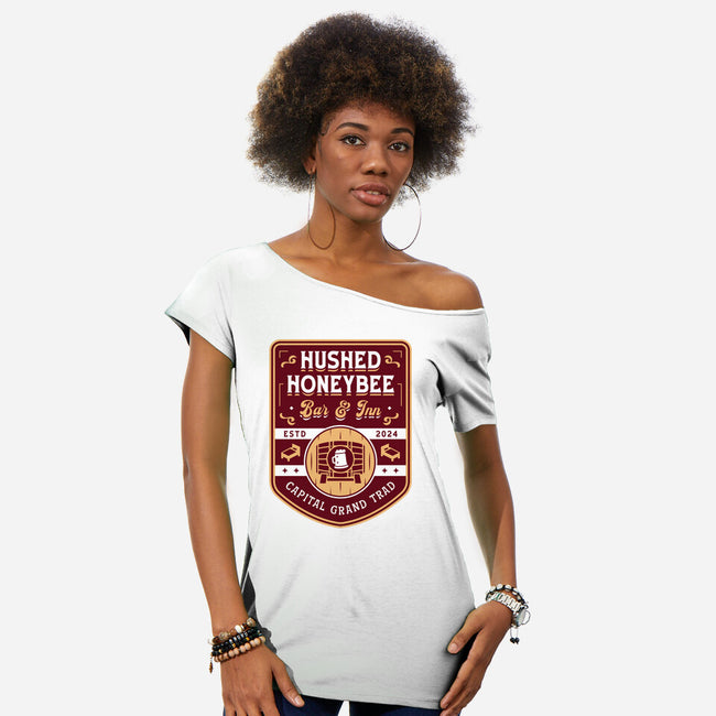 Hushed Honeybee Inn Emblem-Womens-Off Shoulder-Tee-LAGELANTEE