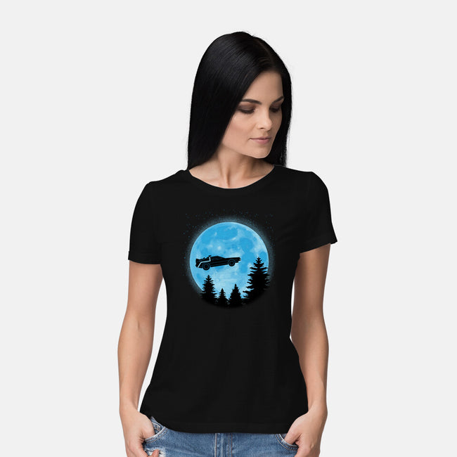 DeLorean And Moon-Womens-Basic-Tee-Astrobot Invention