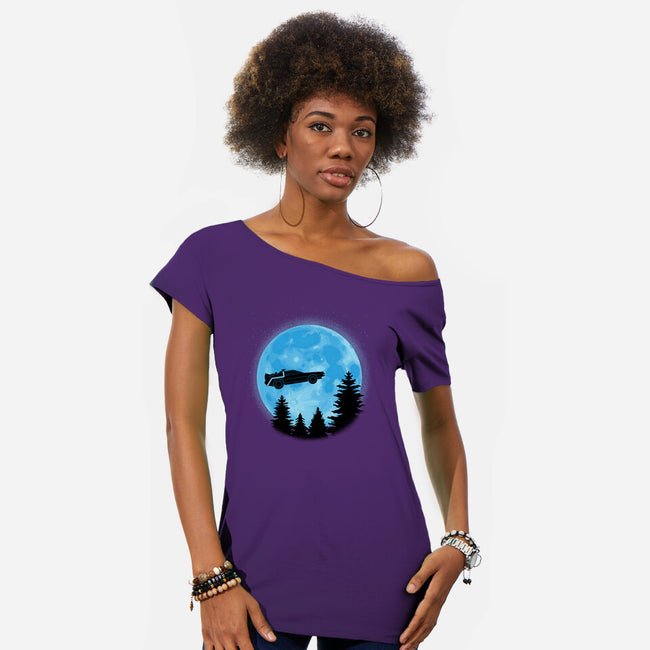 DeLorean And Moon-Womens-Off Shoulder-Tee-Astrobot Invention