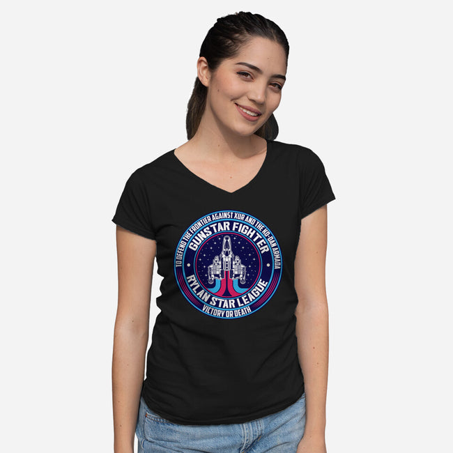 Gunstar Fighter-Womens-V-Neck-Tee-SuperEdu